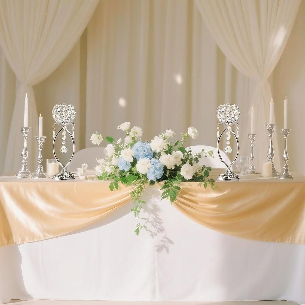 6 Pcs Silver Elegant Metal Crystal Tea Light Candle Holders with Crystal Pendants, Hollow Design - Wedding Table