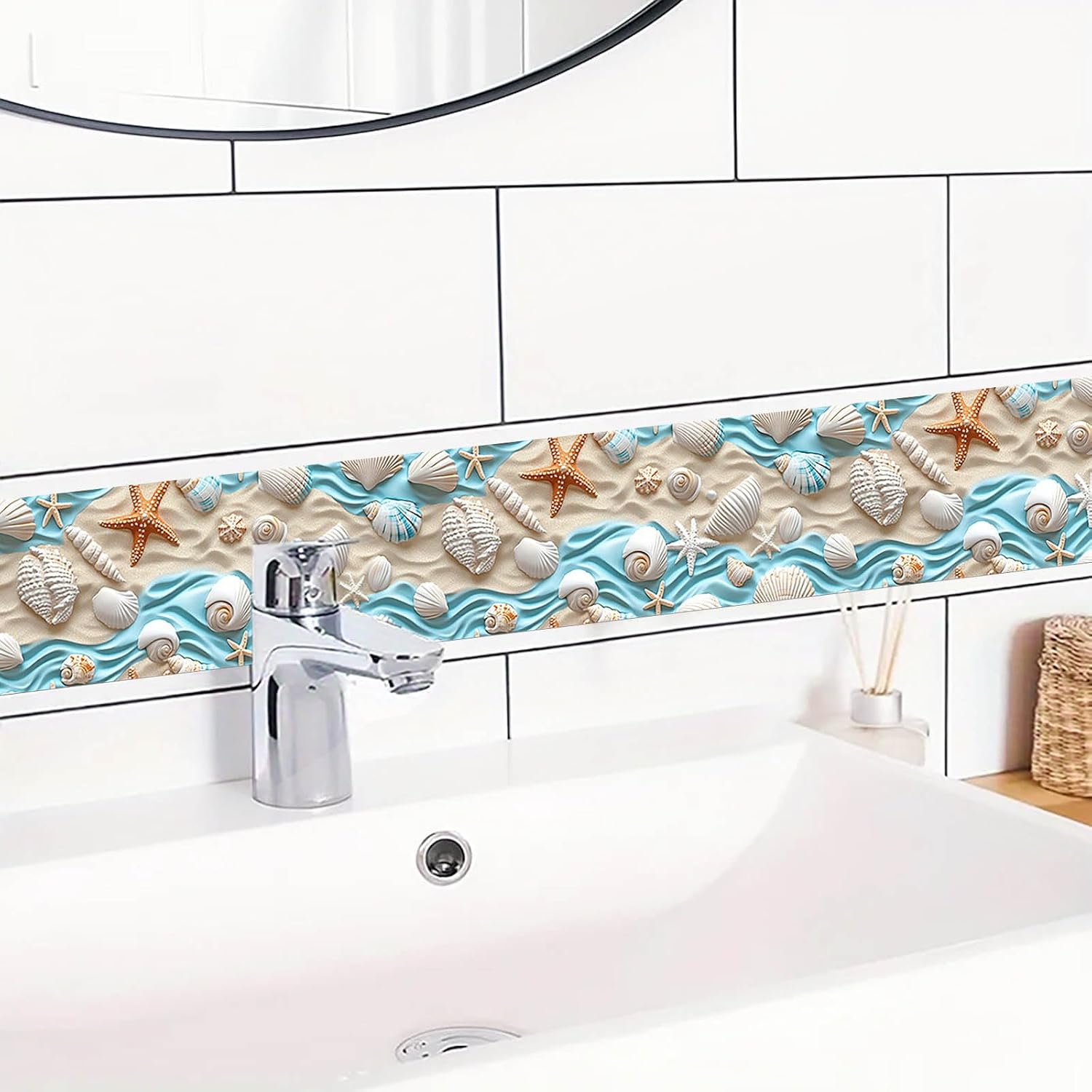 Gold Seashell Starfish Sand Peel and Stick Wallpaper Border Self / Seashells Sand / Blue / 4 x 196