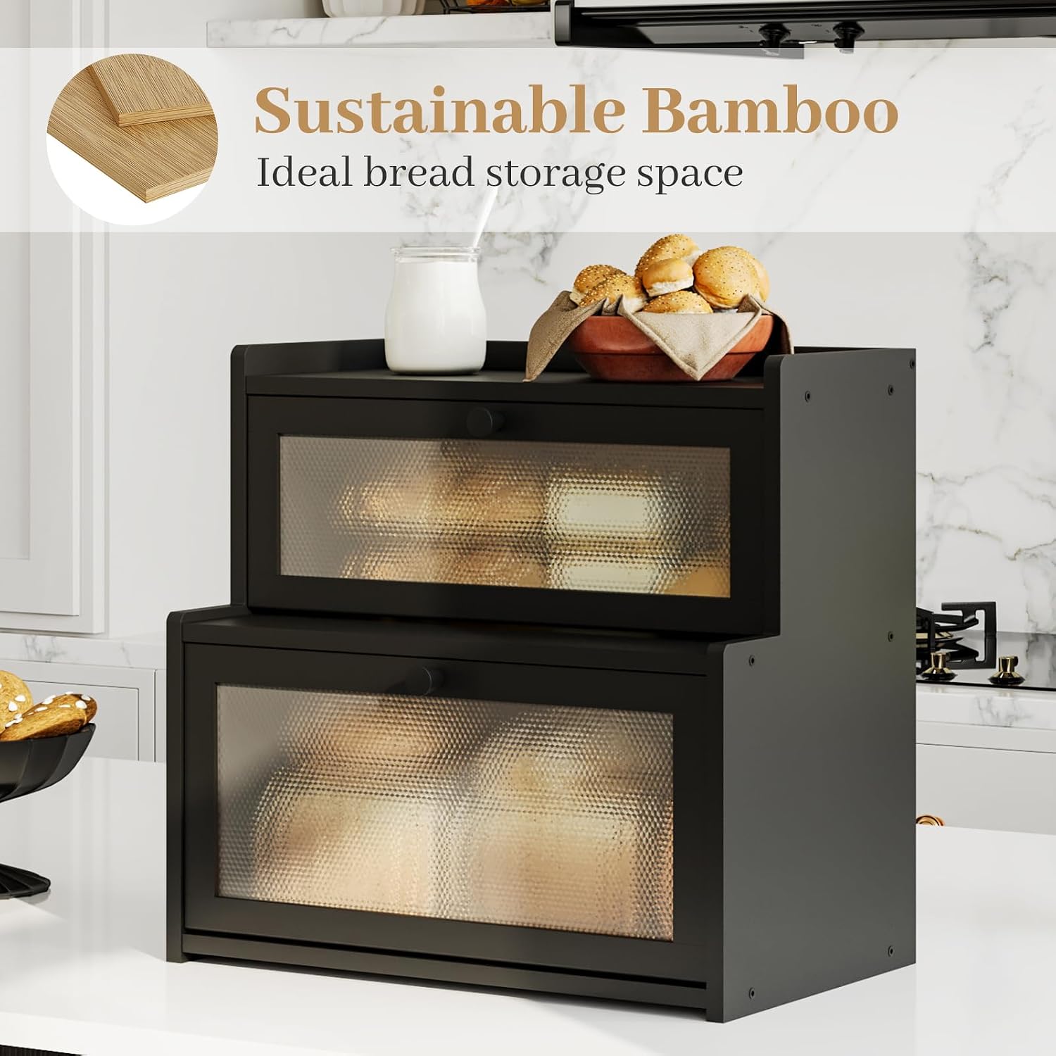 Bread Box for Kitchen Countertop, Large Bamboo Bread Storage Container with Double Layer, Bread Holder for Homemade