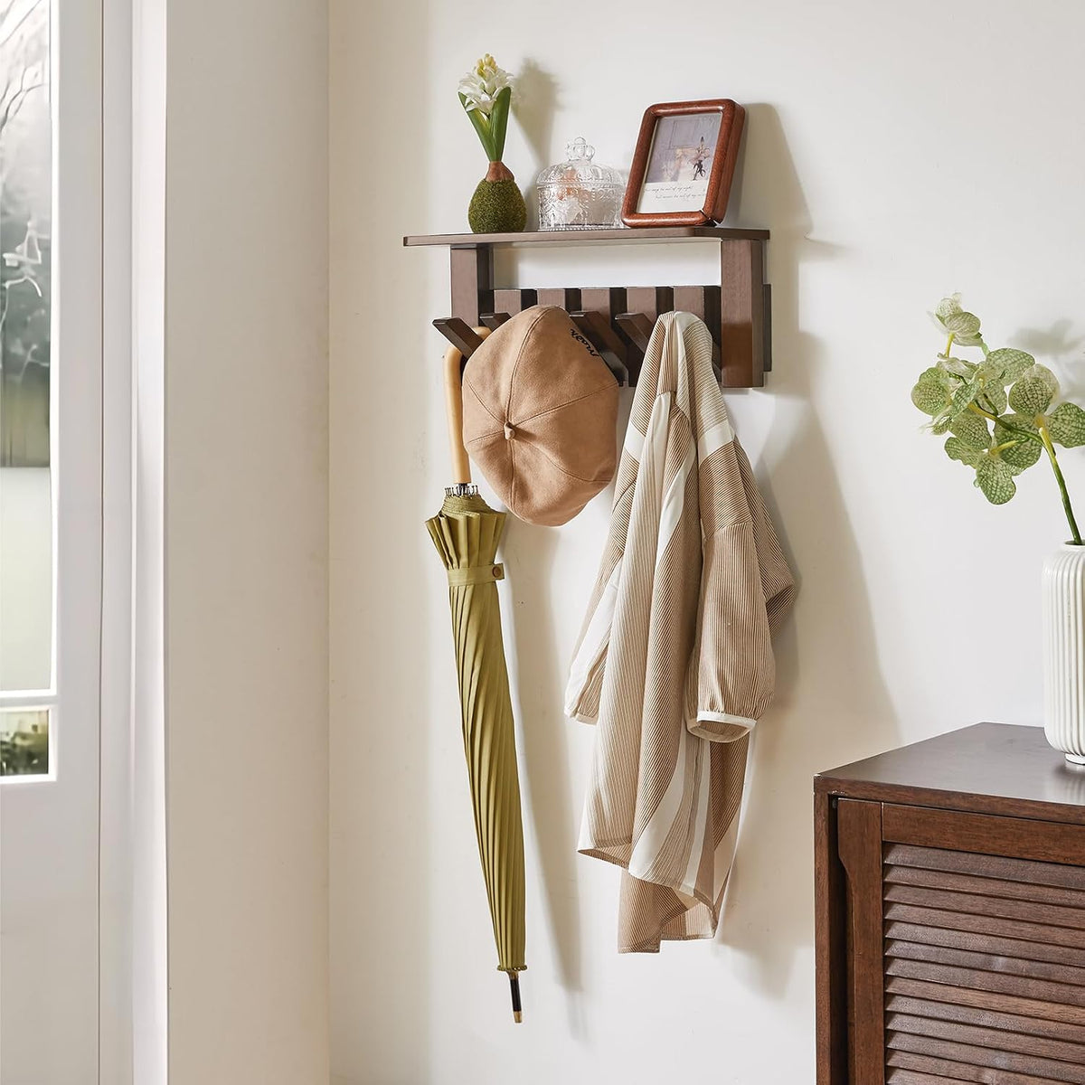 Piano Key Coat Rack Wall Mount with Shelf and 12 Hooks, Walnut HWS008H-2 | Solid Wood Wall Mounted Coat Rack with