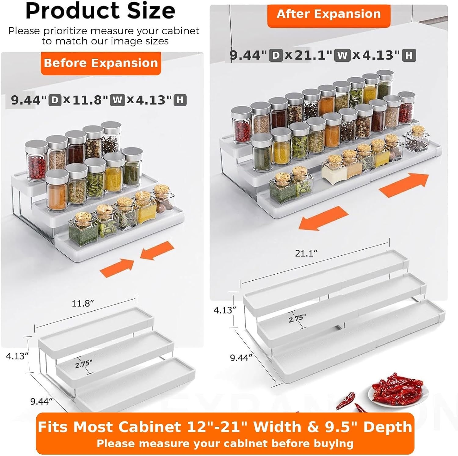 2 Pack Expandable Spice Rack Organizer for Cabinet - 3 Tier Adjustable Cabinet Spice Organizer Easy Visibility - Spice