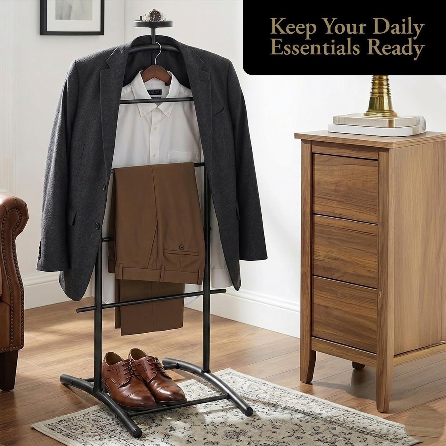 Kings Brand Freestanding Metal Suit Valet Stand with Tie Bar, Black | Complete Clothing Organizer with Hanger, Trouser