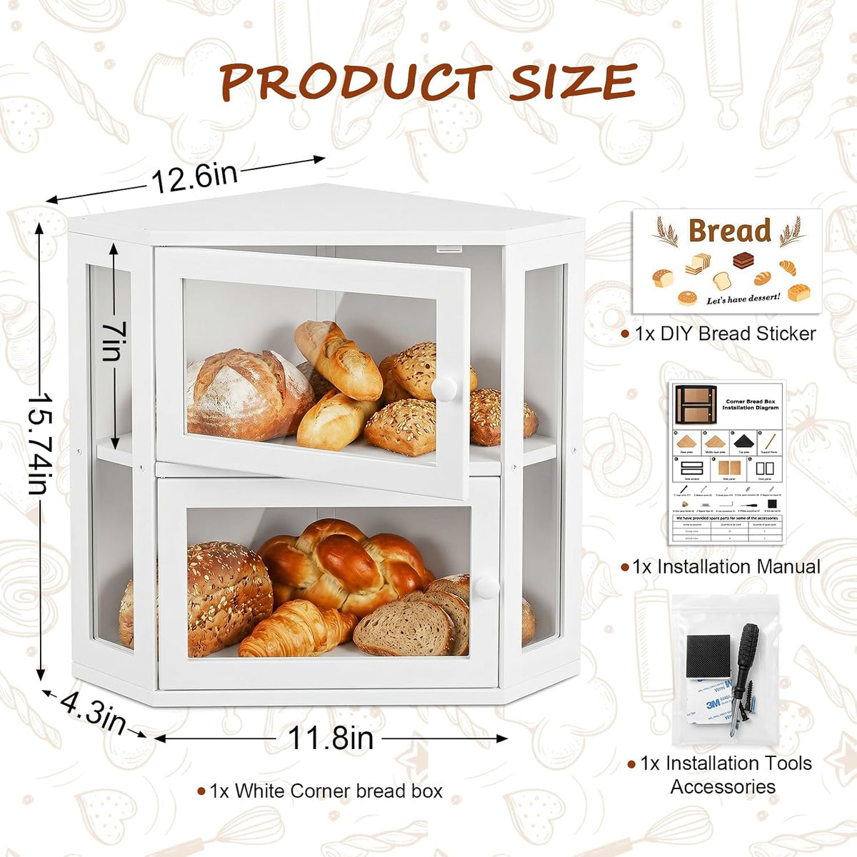 Corner Bread Box for Kitchen Countertop,Large Bread box,White | 2 Tier Bamboo Wood Corner Bread Box for Homemade Bread