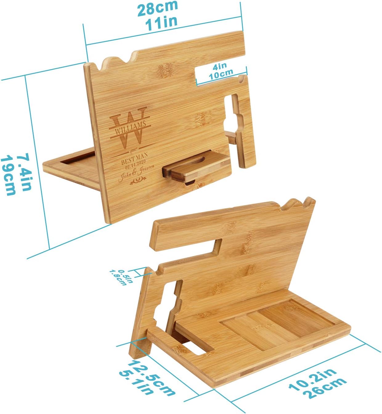 awofer Gifts for Men - Wood Phone Docking Station Personalized - Engraved Nightstand Organizer with Phone Charging