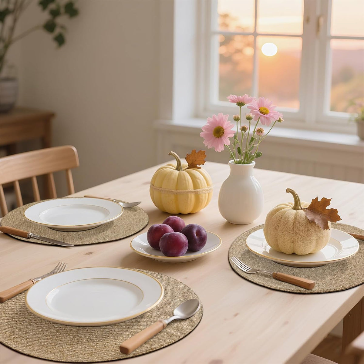 Cotton Linen 15 Inch Round Cloth Place mats, Set of 12, Linen | Washable Table Mats, Heat Resistant, Reversible