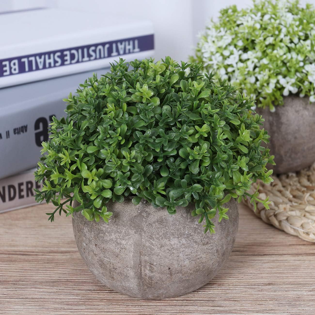 Mini Plastic Faux Plants in Pot/Small Topiary Shrubs Fake Greenery / Green Leaf