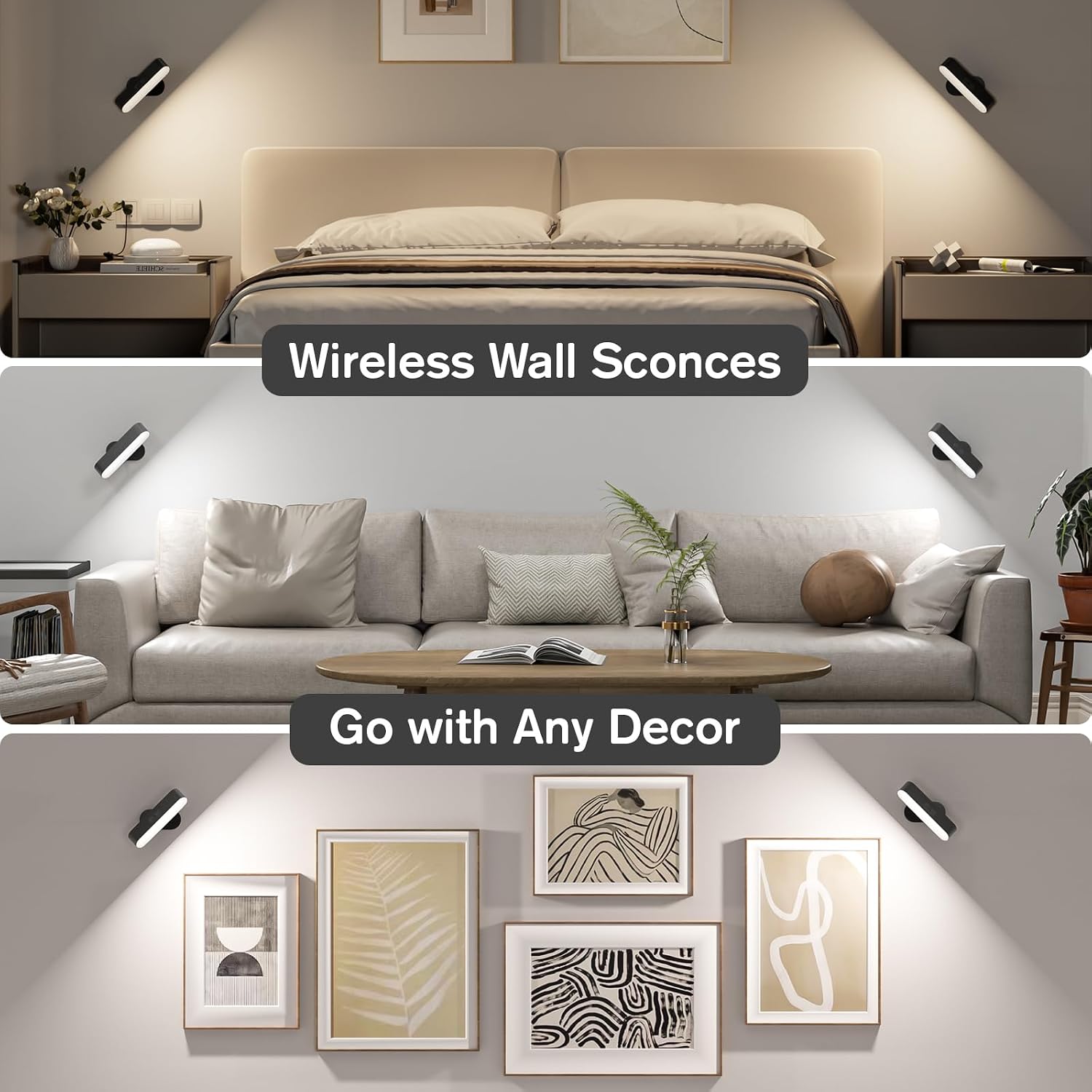 Battery Operated Wall Sconces Set of 2, Rechargeable&Cordless, Black | 5 Color Temps & Dimmable Touch Control