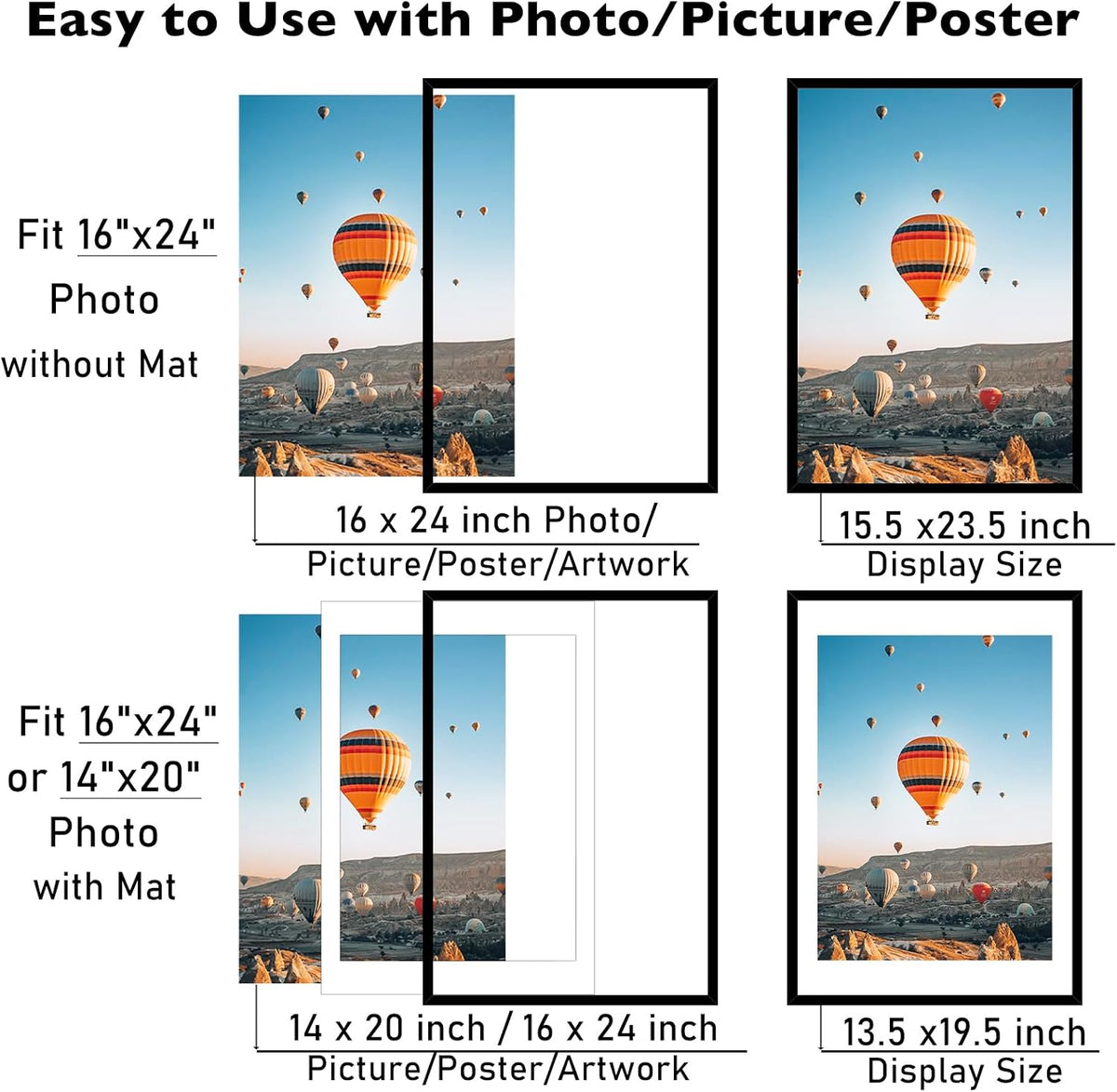 JCJMY 16x24 Picture Frame with Mat for Poster Photo and 40x60 cm Canvas, Display 14x20 with Mat or 16 x 24 without