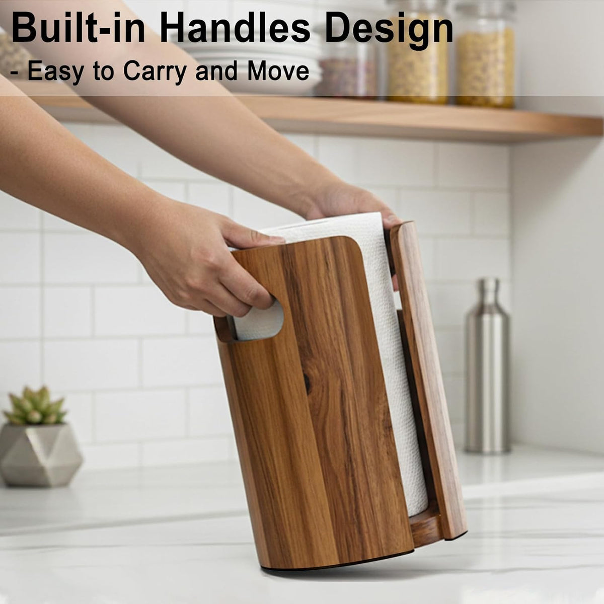 Acacia Wood Paper Towel Holder for Countertop with Splash Guard & Handles | Acacia Wooden Natural Color, Splash Guard