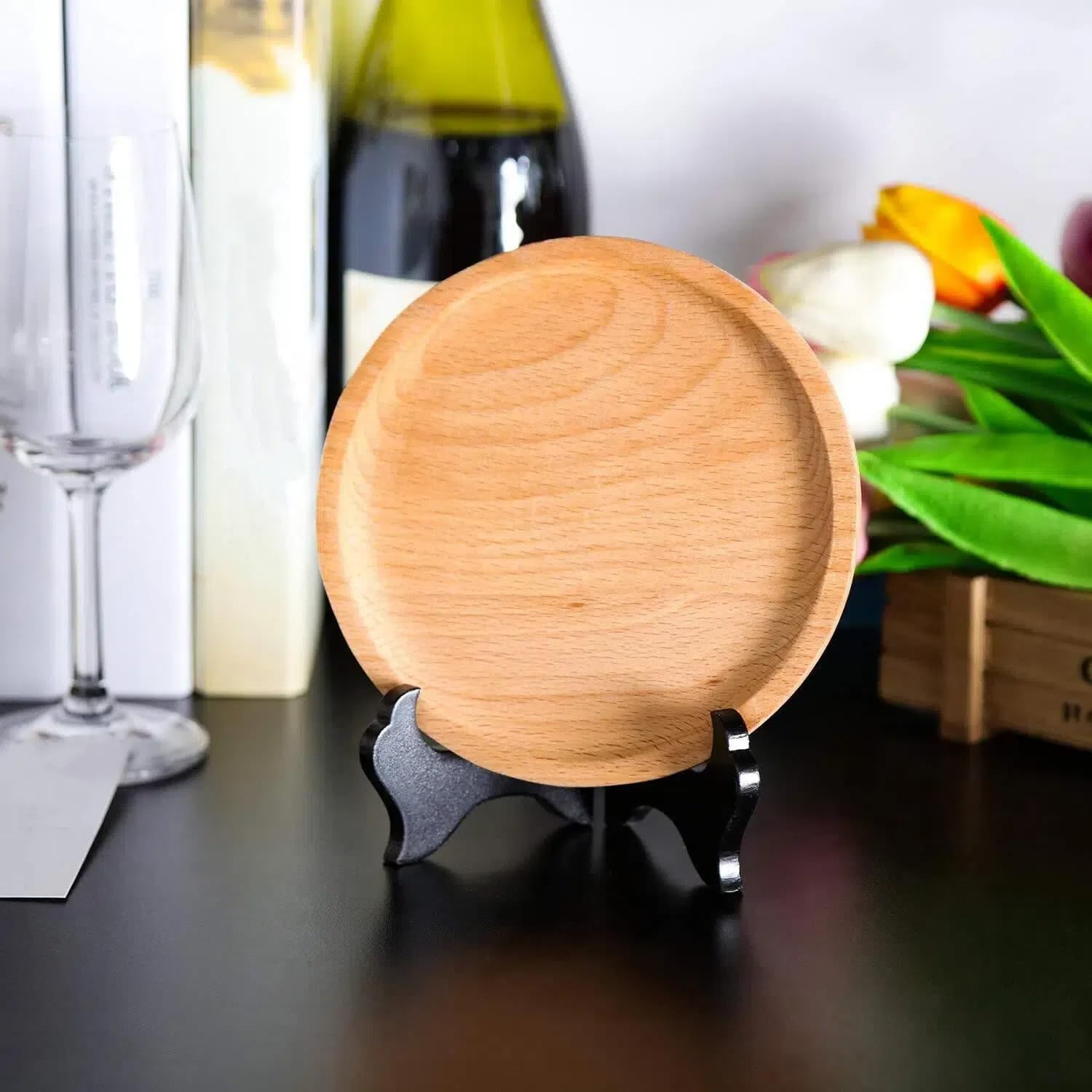 Packs Wooden Display Stand Decorative Plate Stands for Display Picture Frame Holder / Black / 4 Inch
