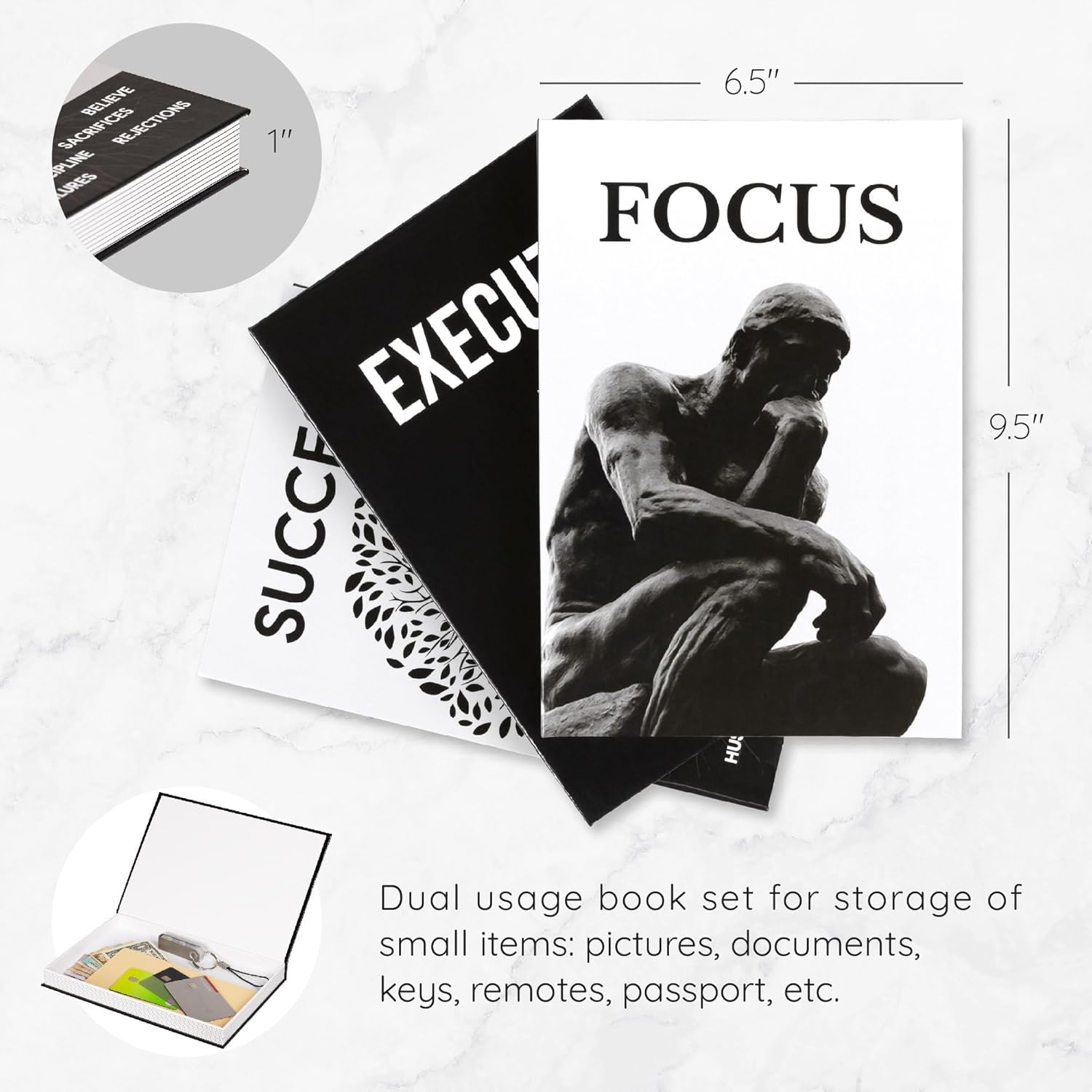 Motivational Desk Décor Decorative Books for Modern Home Office Decor Shelf / Black / Set of 3