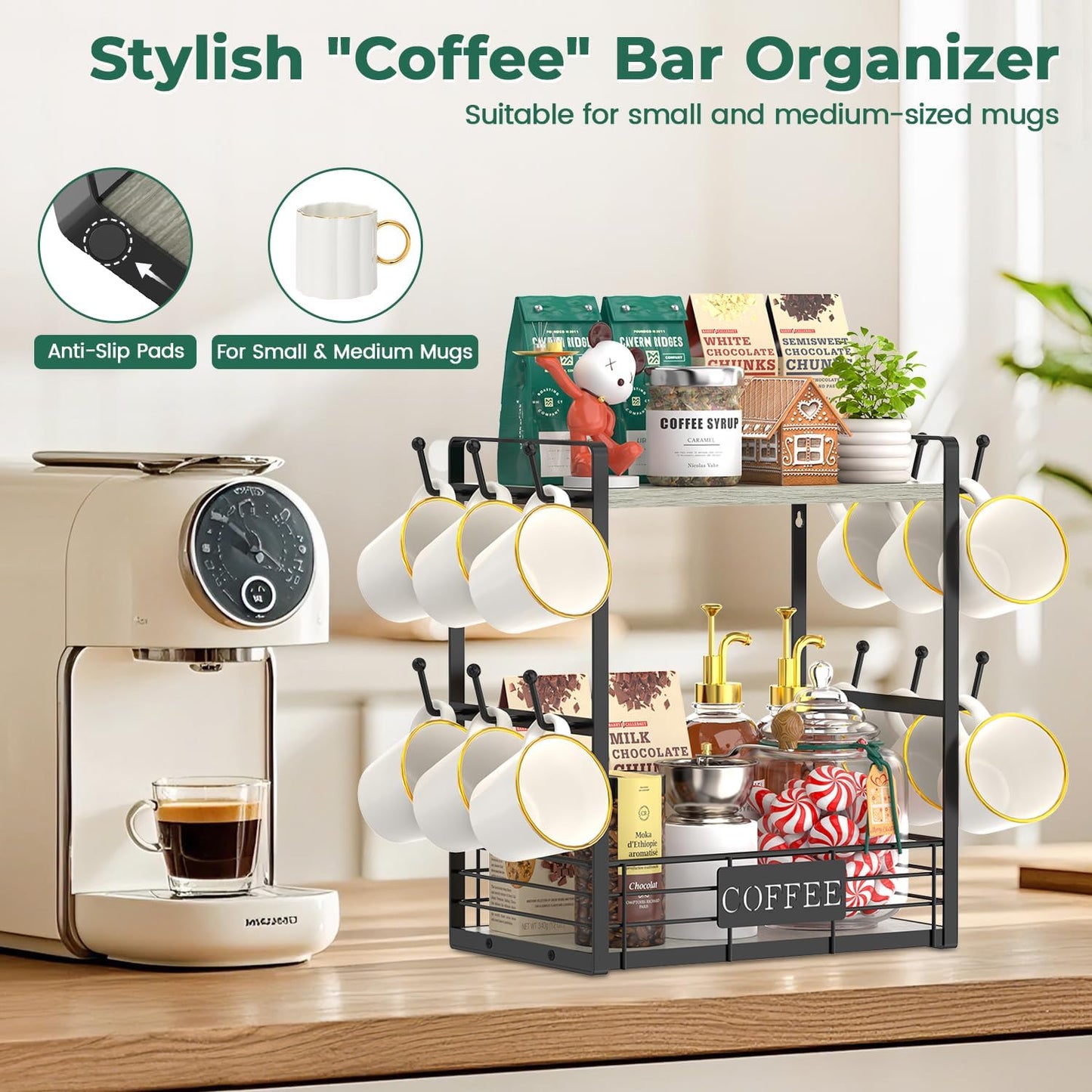 EsLuker.ly Coffee Mug Cup Holder Tree Bar Station Organizer, 2 Tier Light Grey
