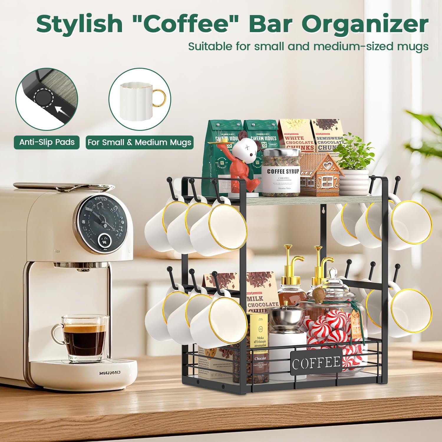EsLuker.ly Coffee Mug Cup Holder Tree Bar Station Organizer, 2 Tier Light Grey