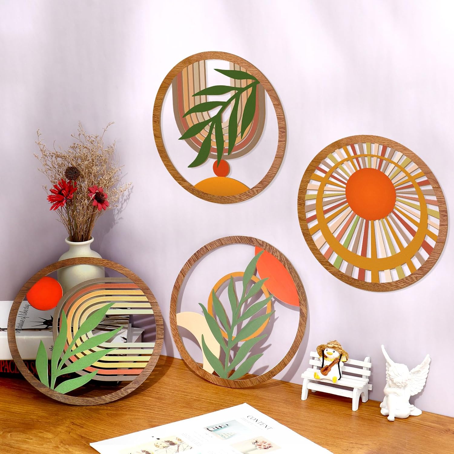 Boho Wall Decor Wooden Hollow Bobo Wall Art Bohemian Bedroom Decor / Rustic / 10 Inch / Set of 4