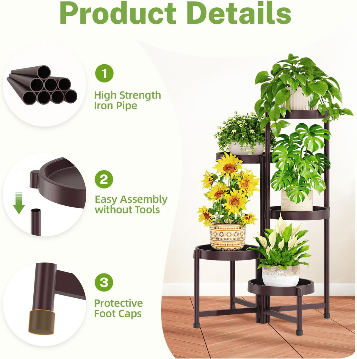 iDavosic.ly 5 Tier Folding Plant Stand Indoor Outdoor, Plastic Tray, Bronze | Space Saving Tiered Corner Storage