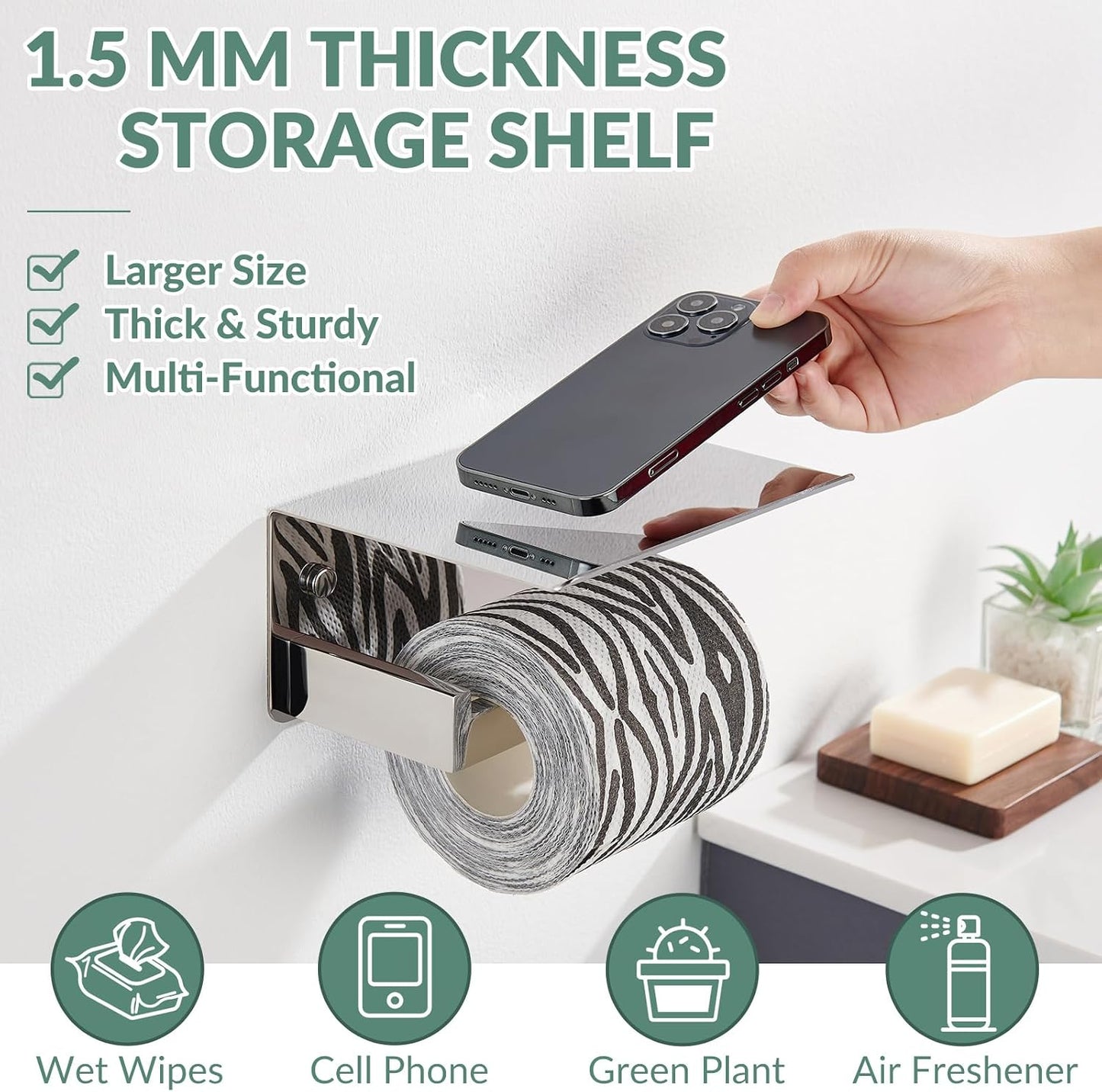 APLusee Polished Chrome Toilet Paper Holder with Phone Shelf, Wall Mounted | 304 Stainless Steel, Rust-resistant Tissue