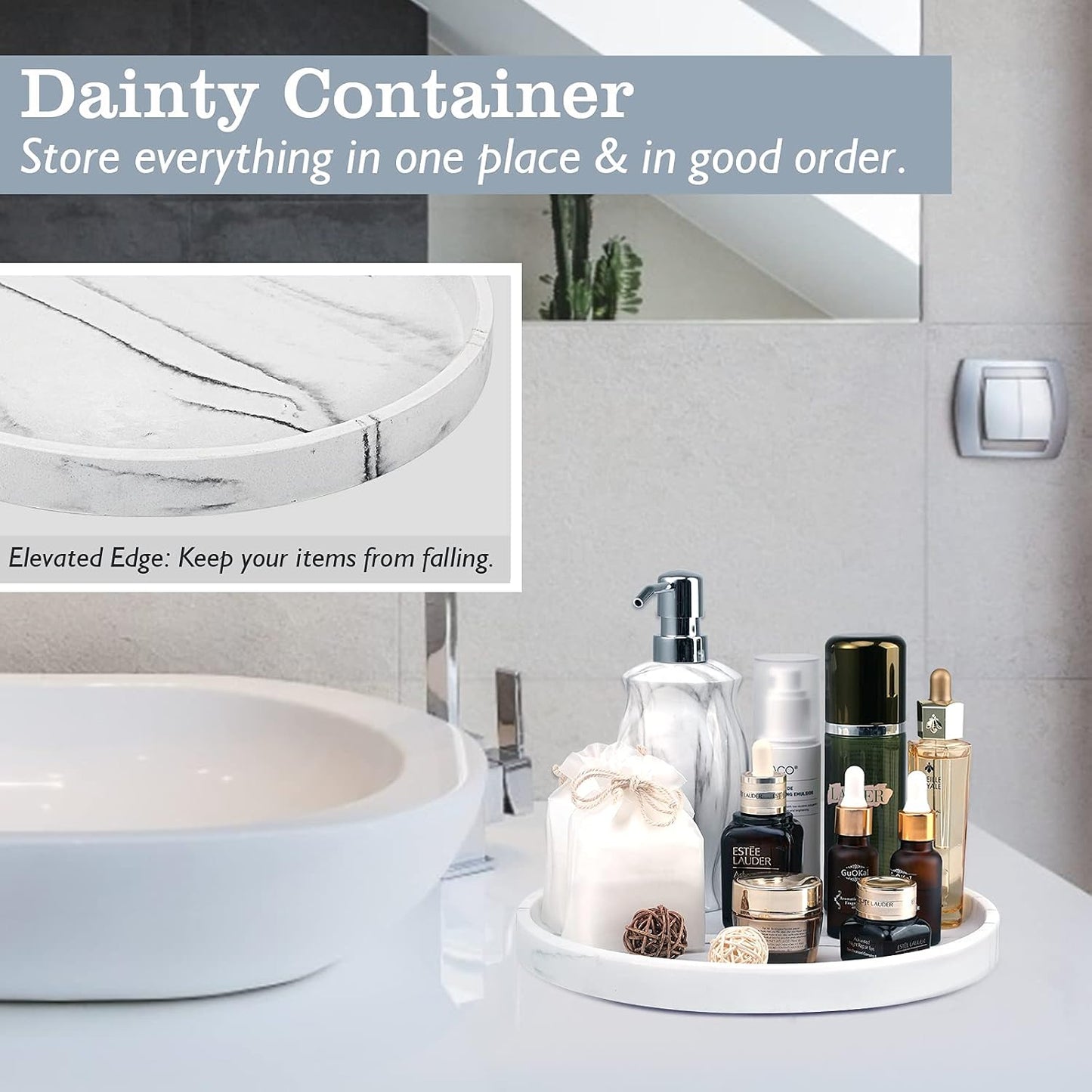 Vanity Tray / Resin Round Tray Decorative Storage Organizer / Round Gravel White