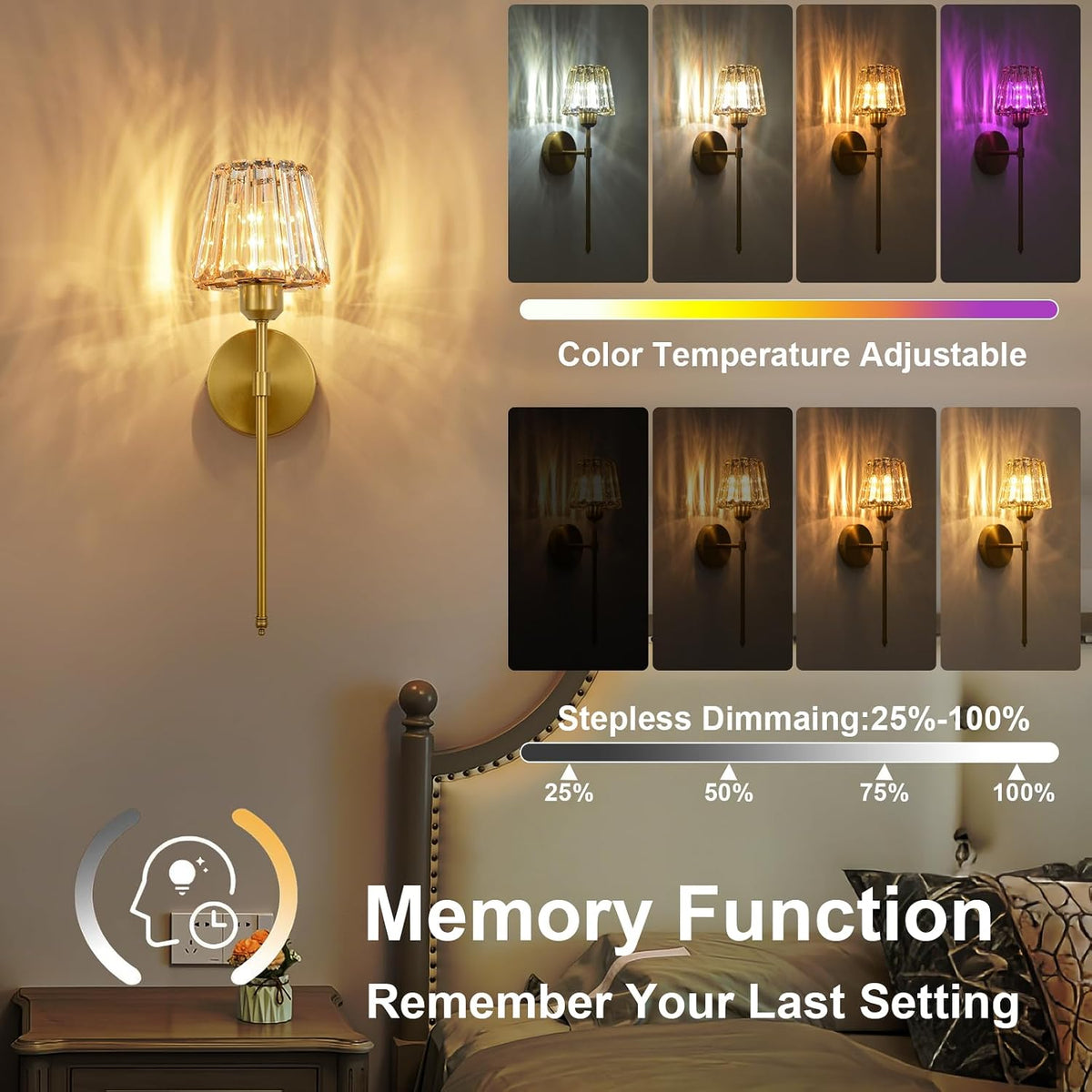 Battery Operated Crystal Wall Sconce Set of 2, Amber Rechargeable Wireless Wall Sconces with Remote Dimmable 12 Colors