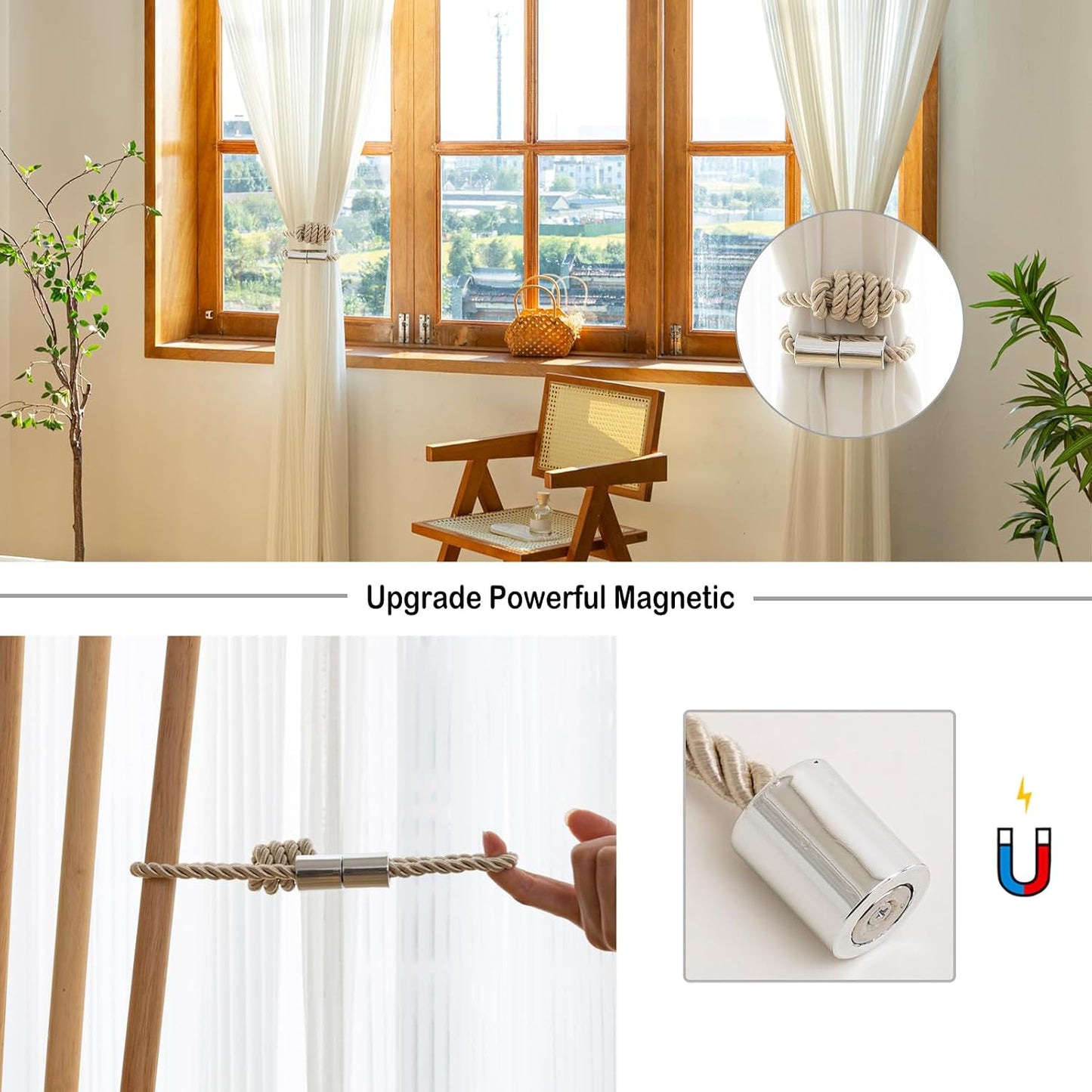 Curtain Tiebacks Magnetic Decorative Rope Tie Backs Holdbacks Contoeey | 8 Pack Beige Modern Elegant Window Treatment