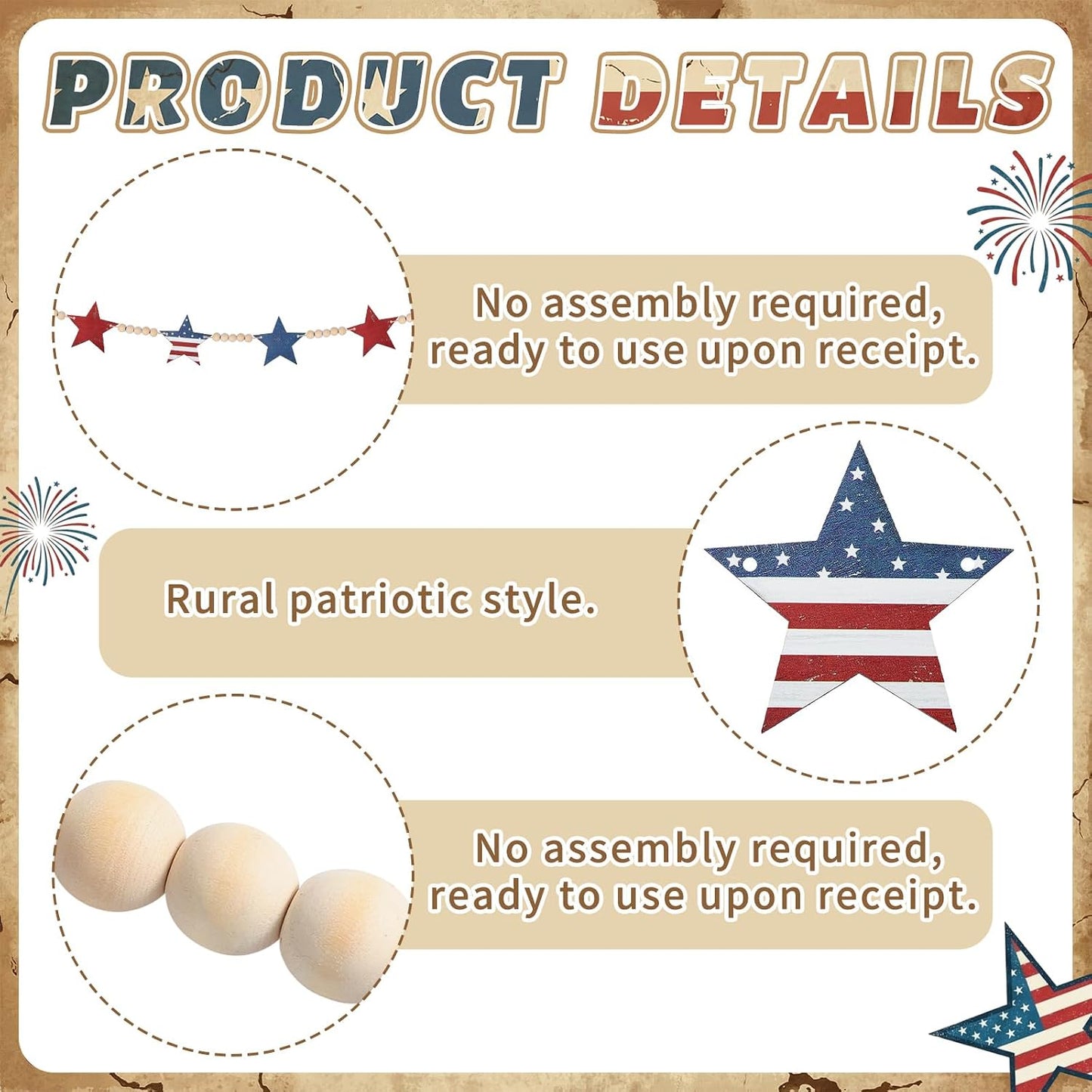4th of July Patriotic Wooden Beads Garland / USA Star / 5.1 Inch