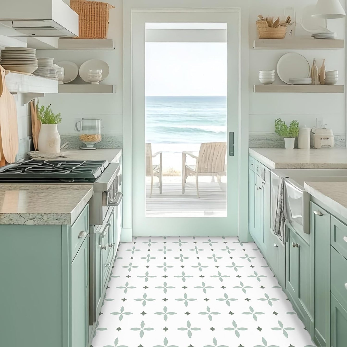 Peel and Stick Floor Tile Star Waterproof / 7.87 x 7.87 / Light Green+dark Green+white / Set of 20