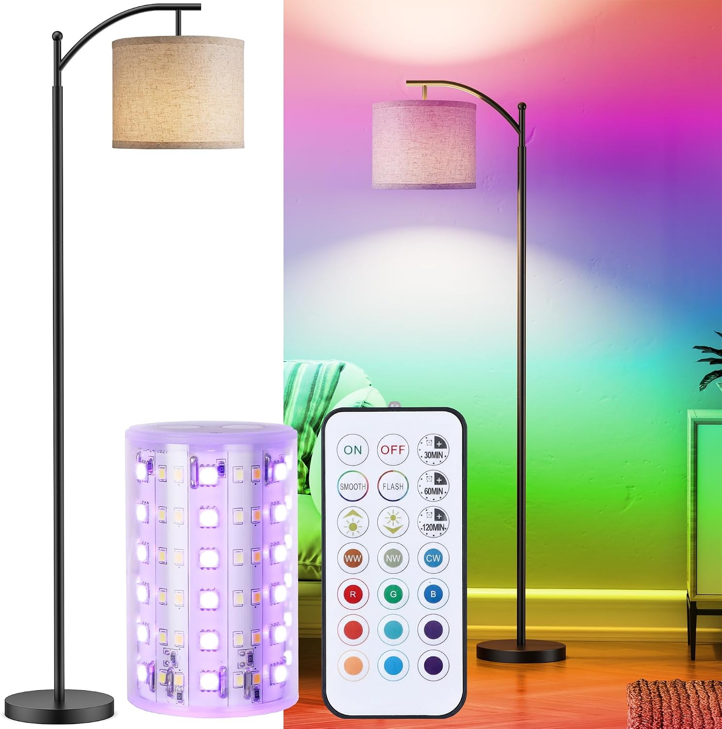Battery Operated Floor Lamp, RGB Dimmable Cordless Standing Lamp with Remote Control for Living Room, Tall Floor Lamp