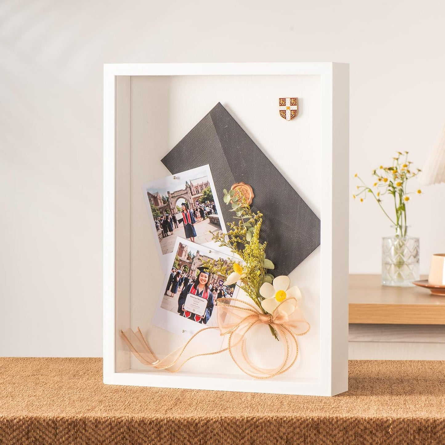 12x16 Large Shadow Box Frame with Thickened Acrylic Panel & Pins | With Push Pins, Deep 1.7" White Shadow Box Display
