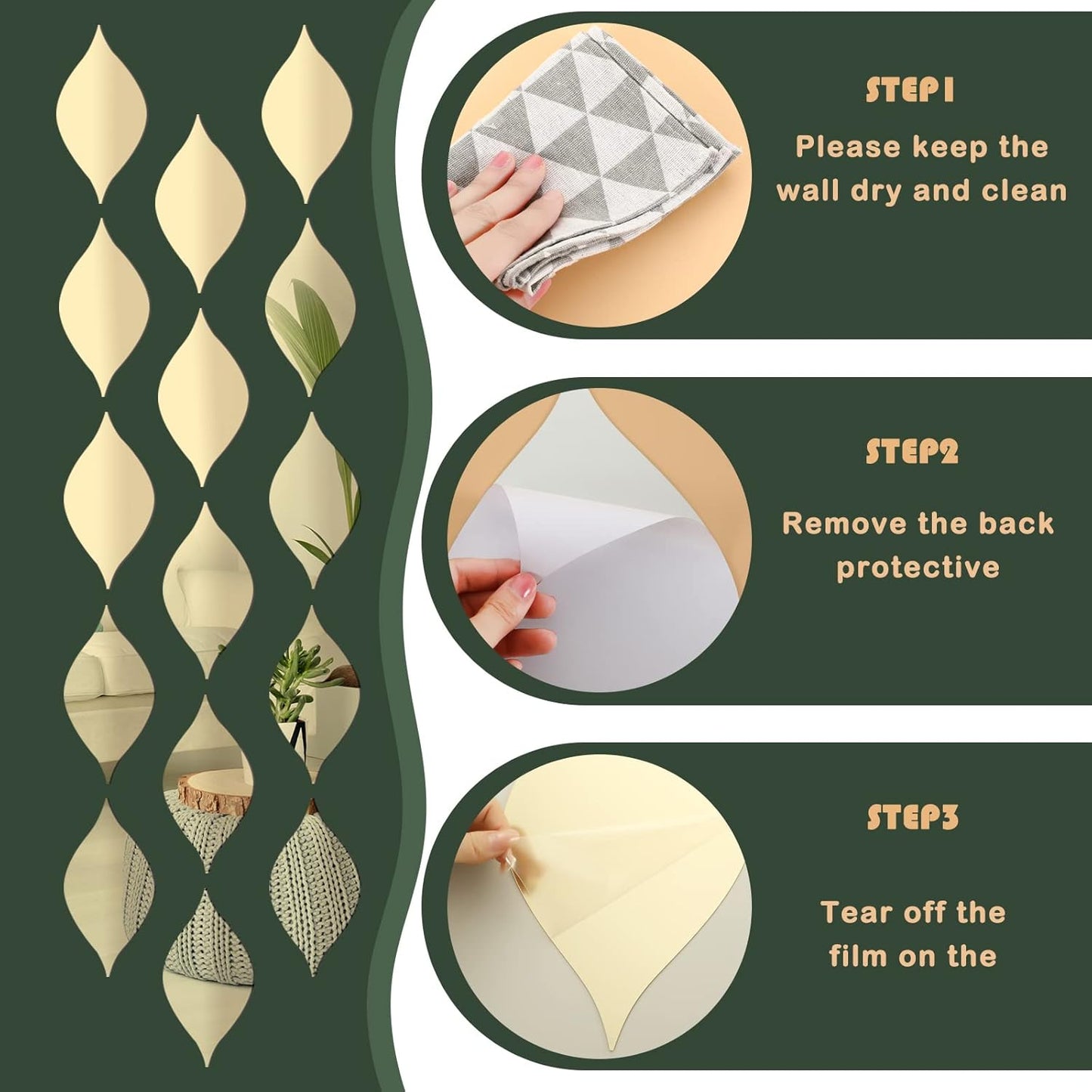 Teardop Mirror Stickers Wall Decor Decals Wavy Acrylic Mirror / Gold / Teardrop / Set of 15