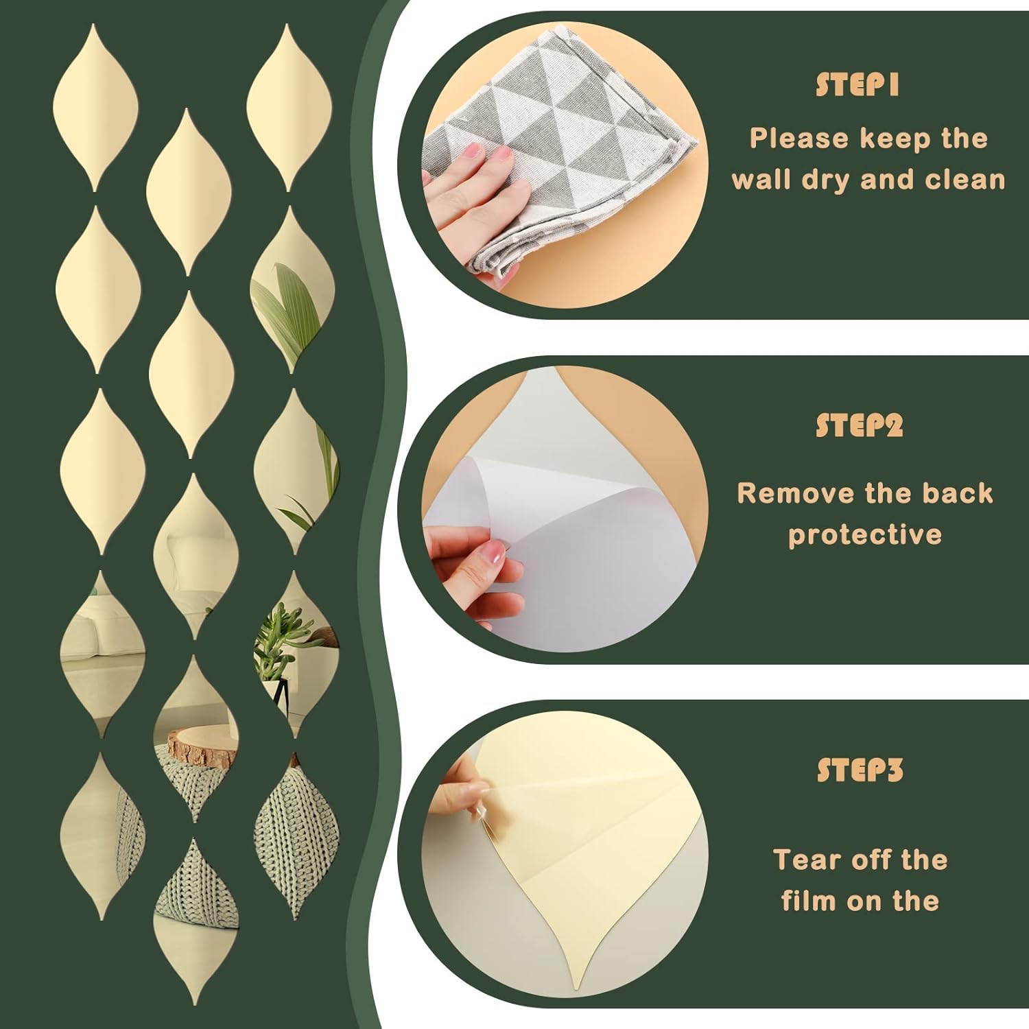 Teardop Mirror Stickers Wall Decor Decals Wavy Acrylic Mirror / Gold / Teardrop / Set of 15