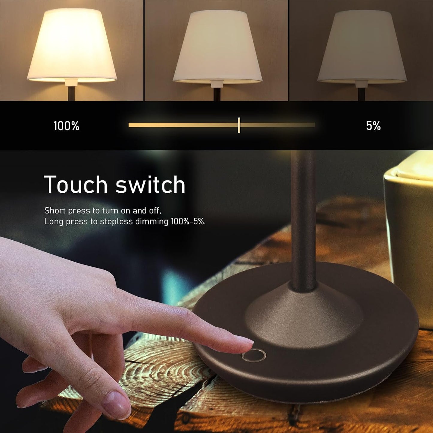 Cordless Table Lamp Portable Small LED Touch Lamp with Dimmer, 18" 2700K Rechargeable Battery Light for Bedside, Dining
