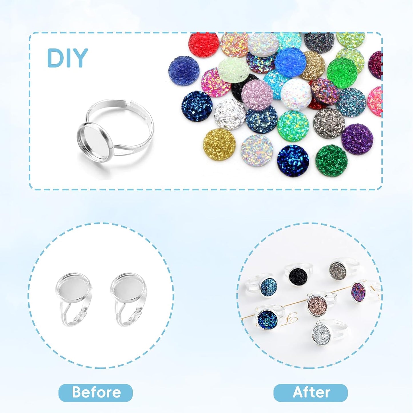 12mm Adjustable Ring Blanks Bezel Trays for DIY Resin Crafts Jewelry / Set of 100