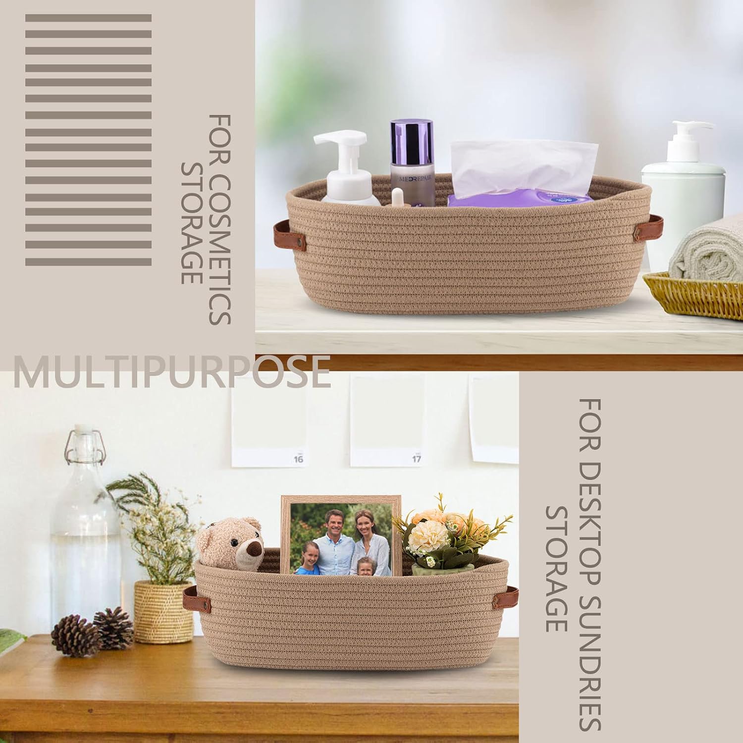 Storage Basket Boho Decor Baskets for Organizing Woven Decorative Basket for Countertop / Khaki