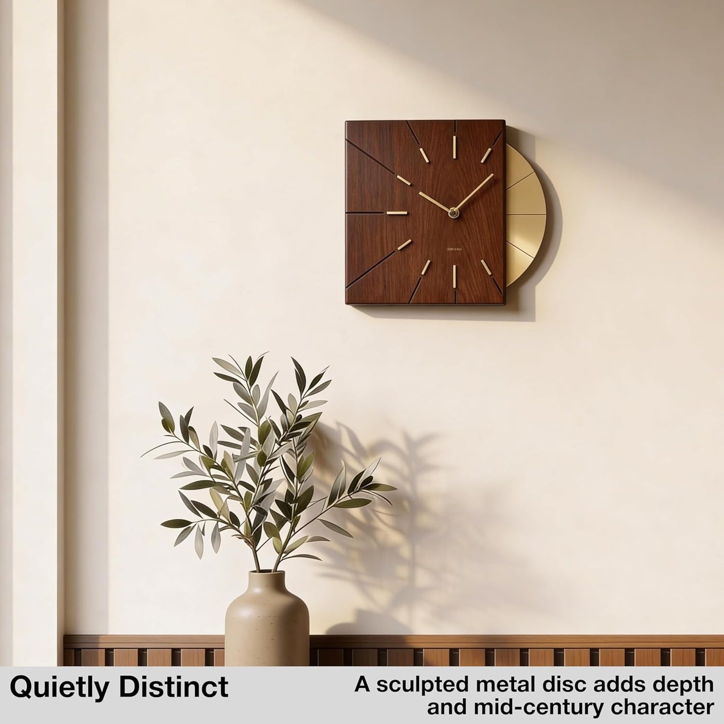 Driini Clocks Mid Century Modern Wall Clock - Square Wood Clock with Decorative Gold Accent- Unique and Cool Clock