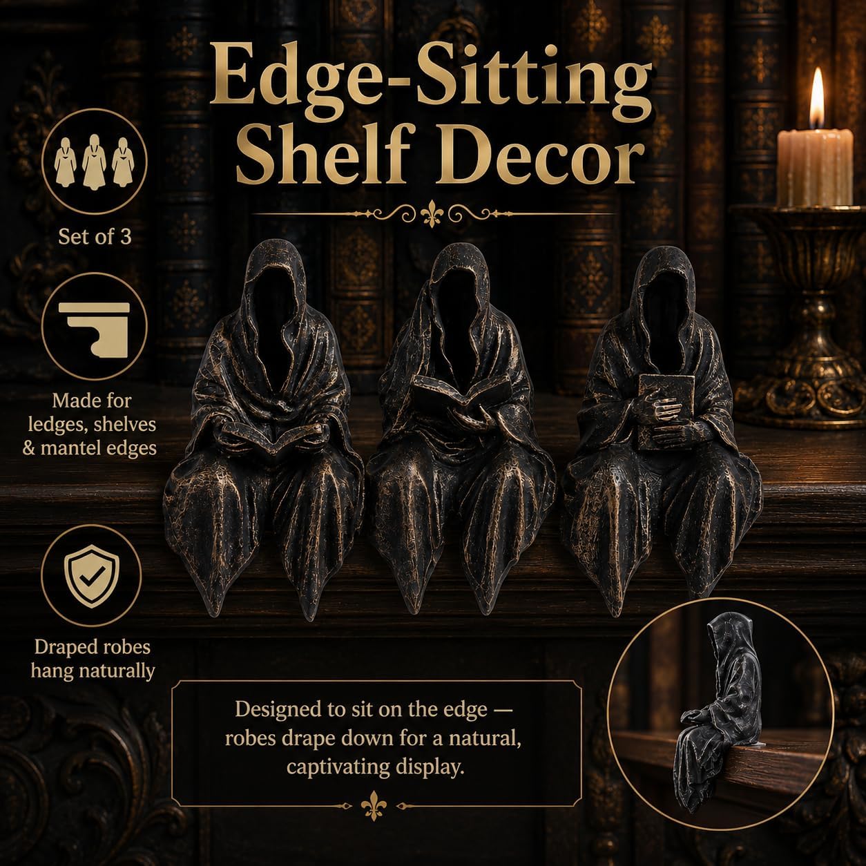 Gothic Grim Reaper Statue / Black Gold / Set of 3