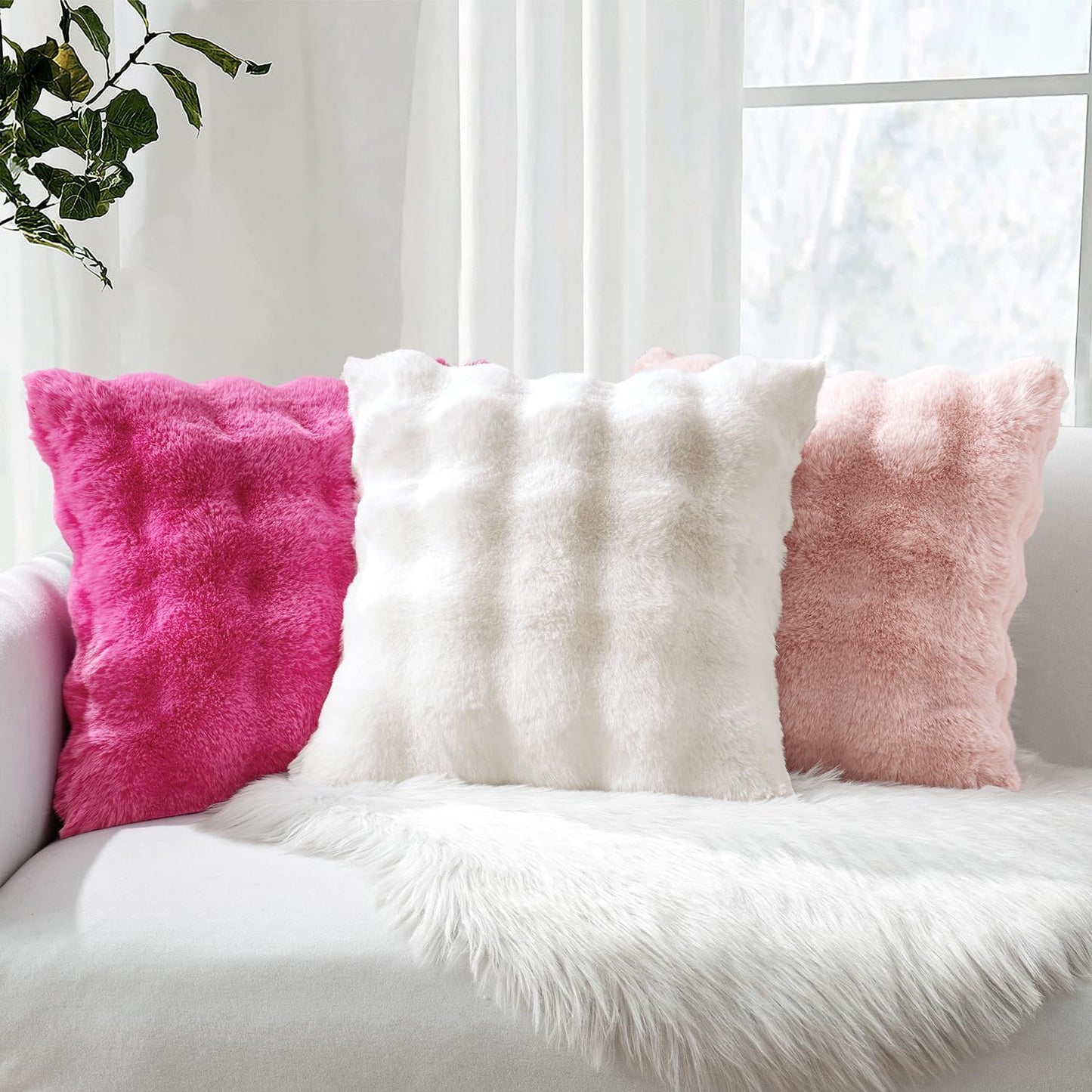 Faux Fur Pillow Covers Thick Soft Plush Throw Pillows Spring Home Decor / 18 x 18 / White / Set of 2