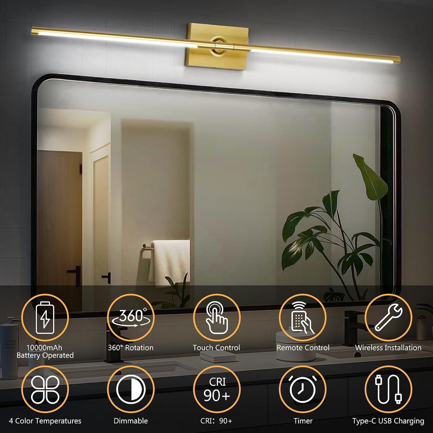 Eneru Battery Operated Wall Sconces Set of 2, Gold Wireless LED Wall Light | Rechargeable 10000mAh, Touch and Remote