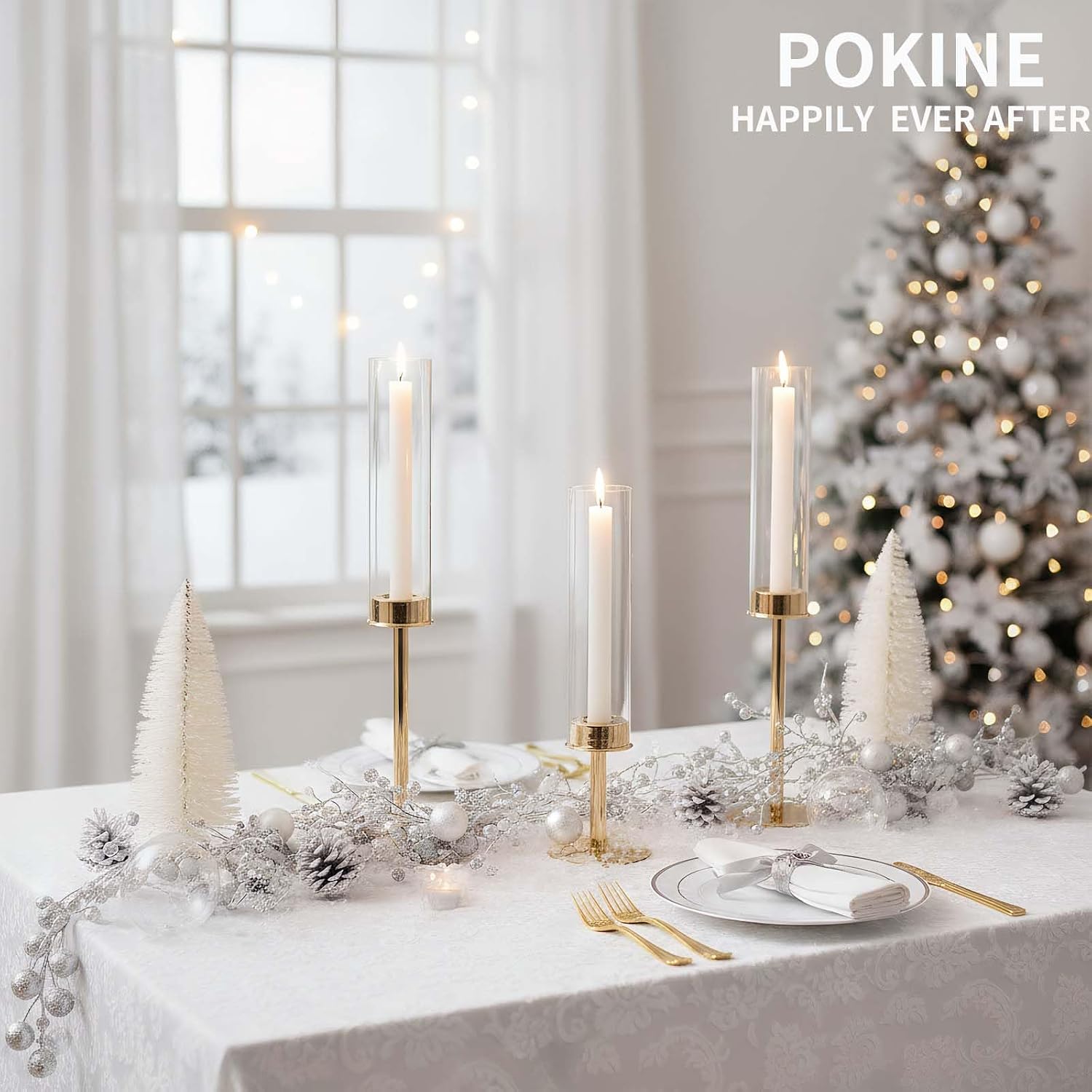 POKINE Gold Candle Holders Set of 6 for Taper Candle Holders | Hurricane Glass Candlestick Holder,Christmas