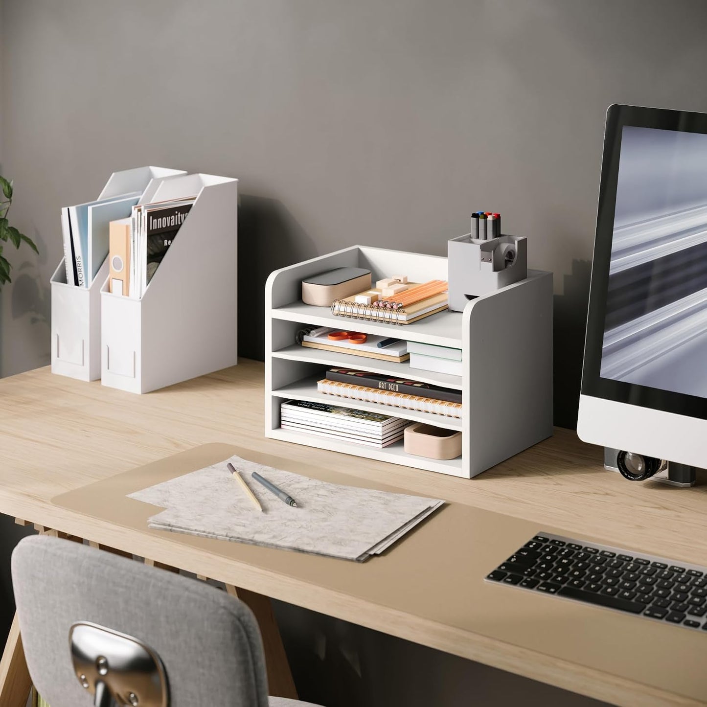 Ballucci File Organizer, 4-Tier Office Desk Organizer, Open Top Wood Paper Organizer for Classroom, Mail Sorter Paper