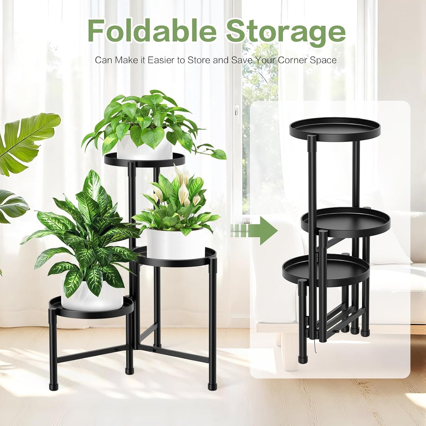 3 Tier Metal Corner Plant Stand Indoor Outdoor, 10 Inch Wide Tray, Black | 30 In Tall Foldable Iron Flower Pot Holder