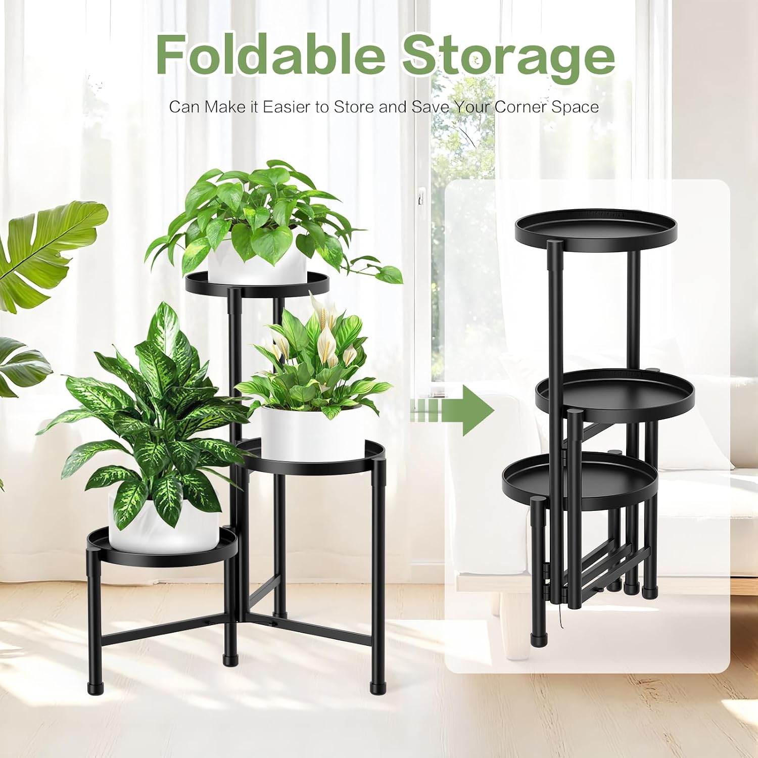 3 Tier Metal Corner Plant Stand Indoor Outdoor, 10 Inch Wide Tray, Black | 30 In Tall Foldable Iron Flower Pot Holder
