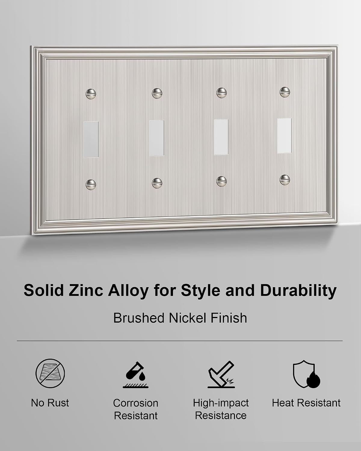 2-Pack Zinc Alloy Quad Toggle Light Switch Cover Plate, Solid Switch Cover | Durable Decorative Switch Plate Covers, 4