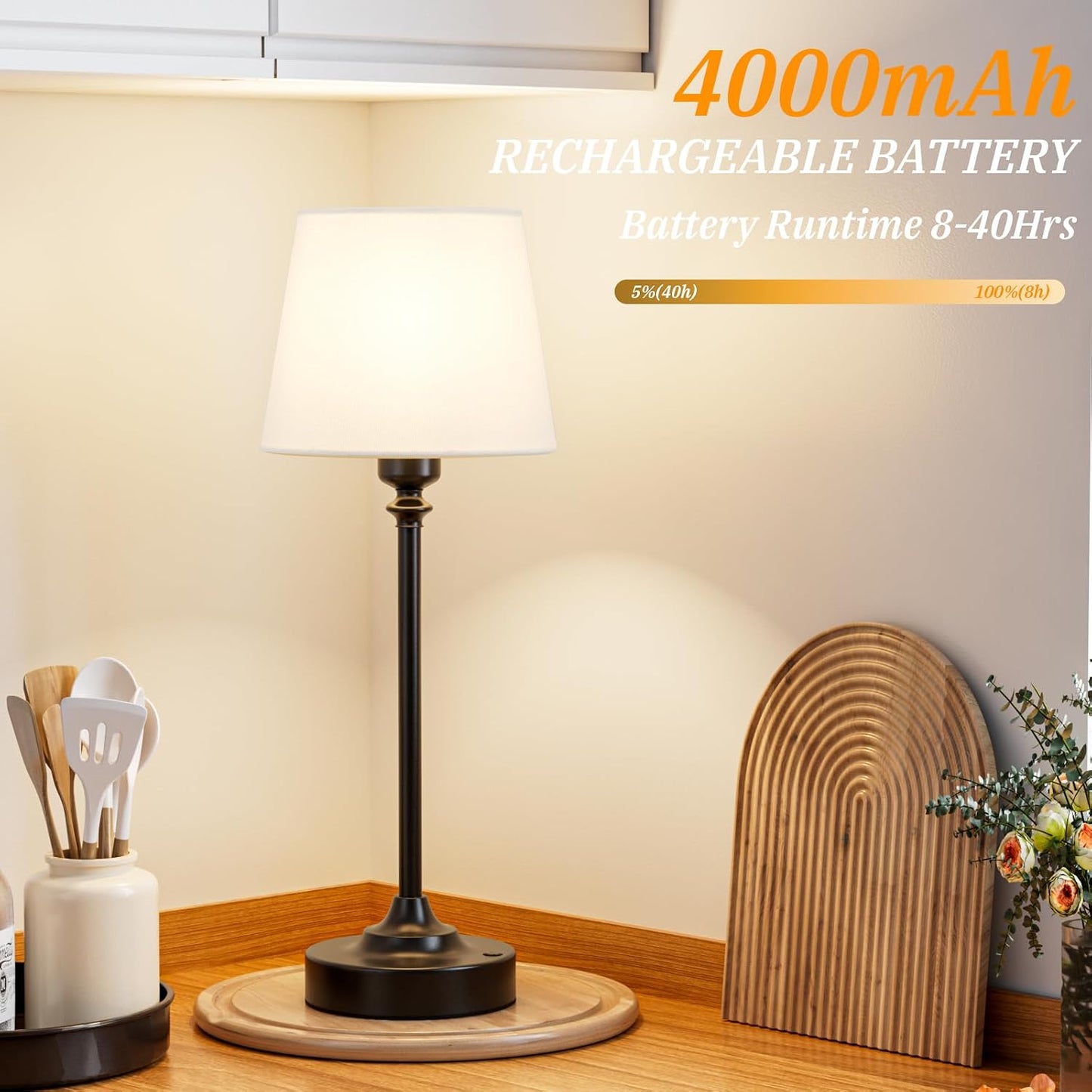 Kakanuo Cordless Table Lamp Rechargeable Black - 1 Pack 4000mAH Battery Operated Lamp for Decor, 3000K Stepless Dimming