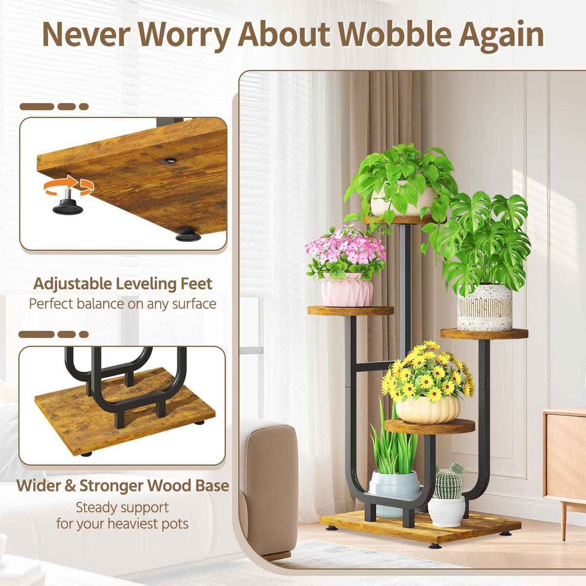 LASZOLA Plant Stand Shelf Tall for Indoor Corner, 4 Tier Wood Brown | Modern Multiple Flower Display Rack with Wooden