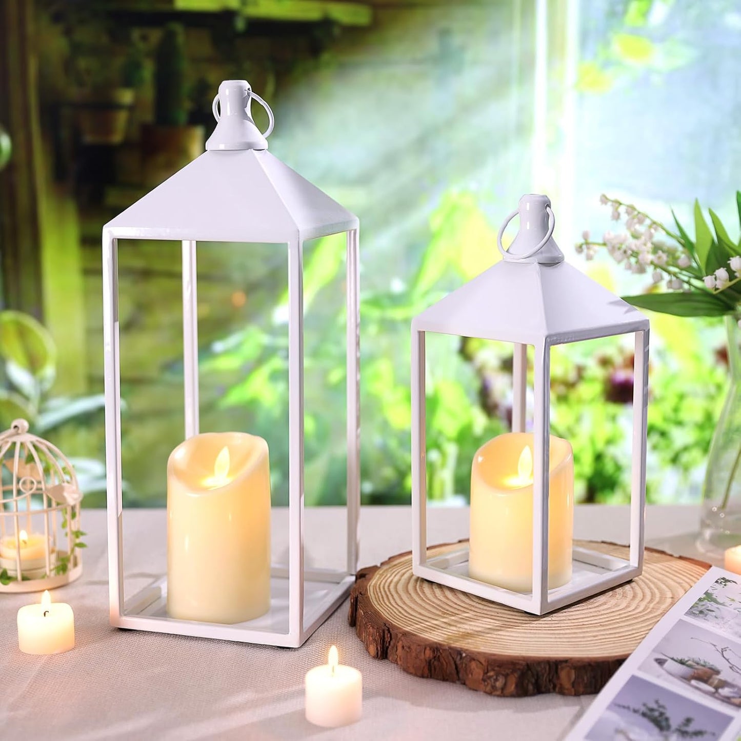 2 Pcs Wedding Lanterns Decorative with Candles White Farmhouse Lanterns | Glass-free Metal Decorative Candle Lanterns