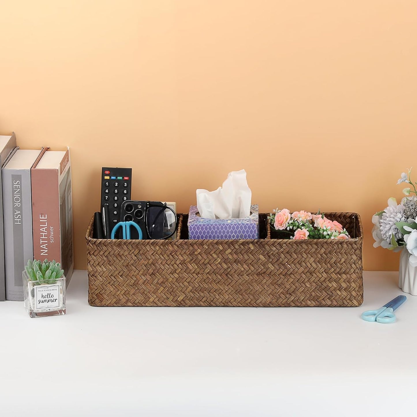 Handwoven Wicker Storage Box 3 Sections Seagrass Basket Bin Toilet Paper Holder / Large / Coffee