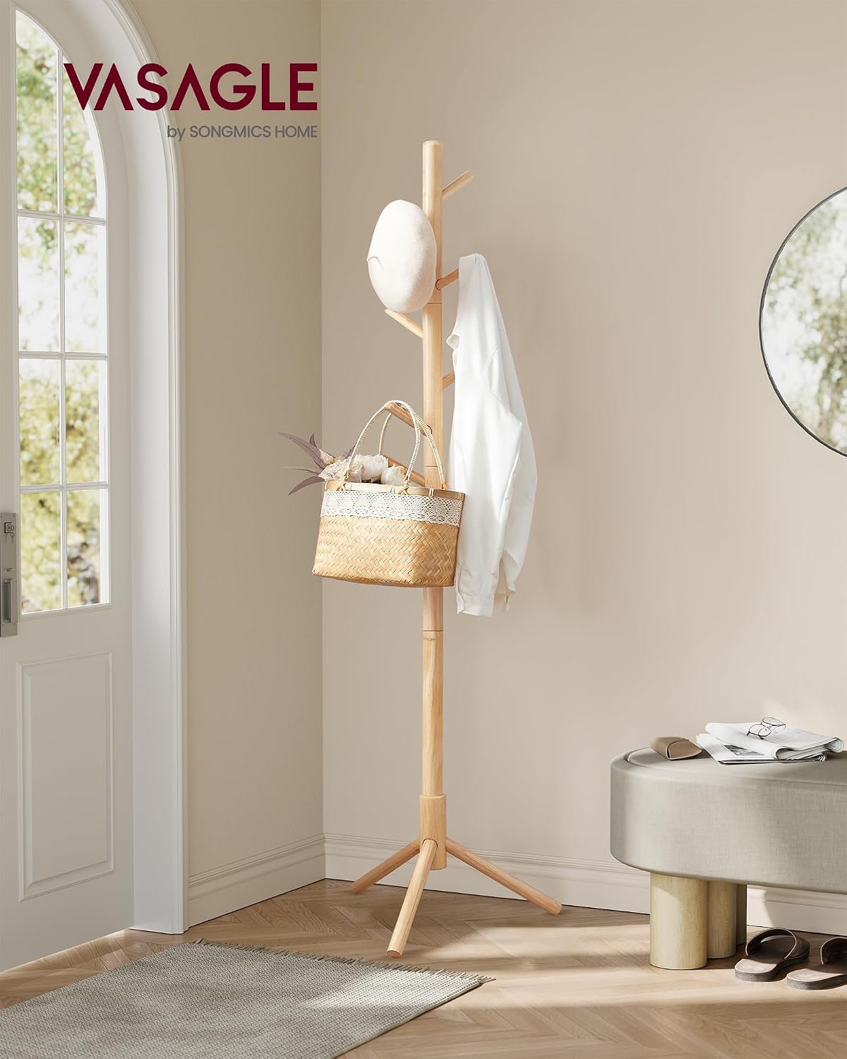VASAGLE Solid Wood Coat Rack, Free Standing, Tree-Shaped, with 8 Hooks | Coat Tree，3 Height Options, for Clothes, Hats