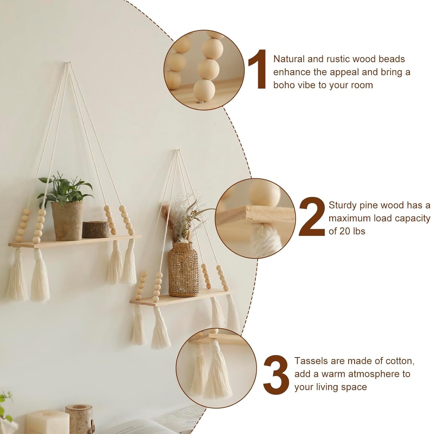 Wooden Wall Hanging Shelves / Beige Tassel / Set of 2