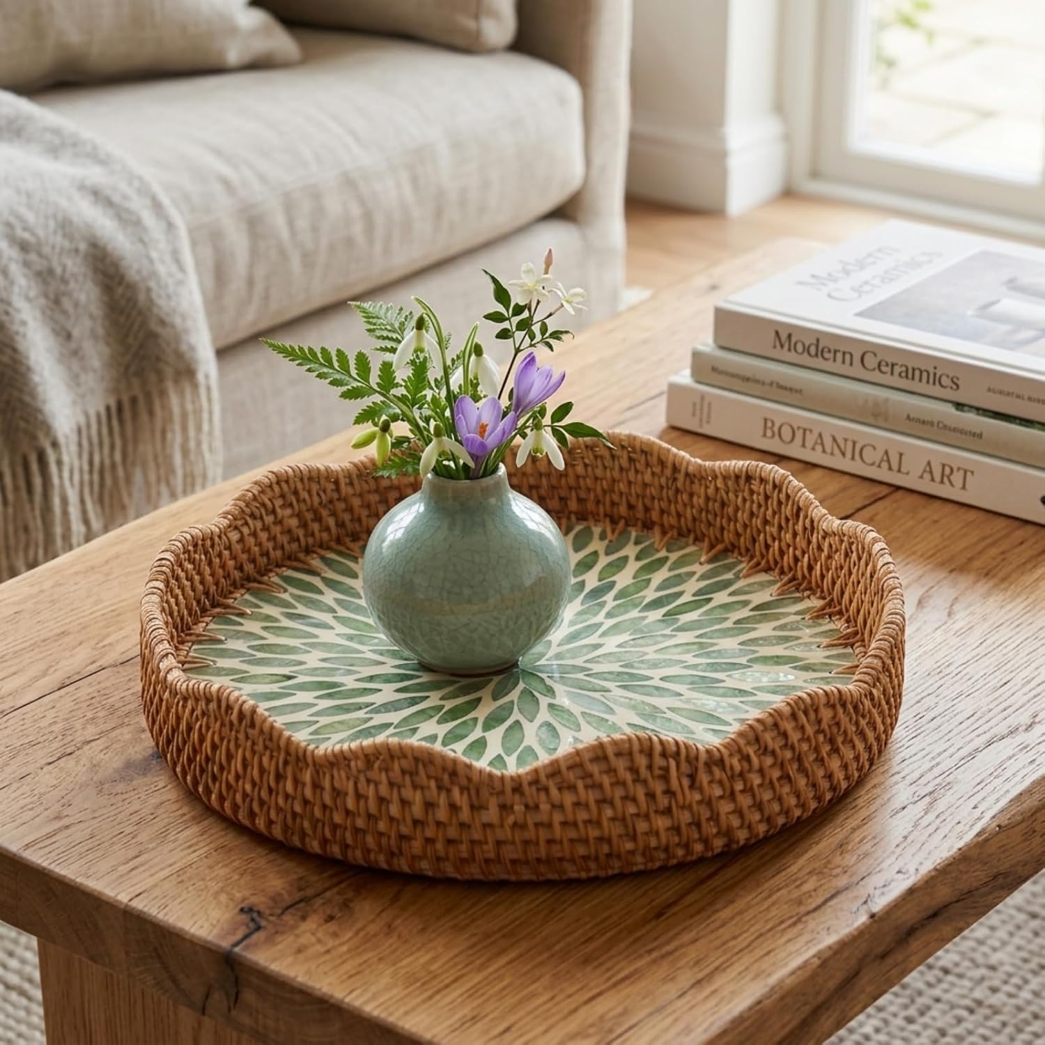 Scalloped Round Rattan Tray / Leaf Style / 12 Inch
