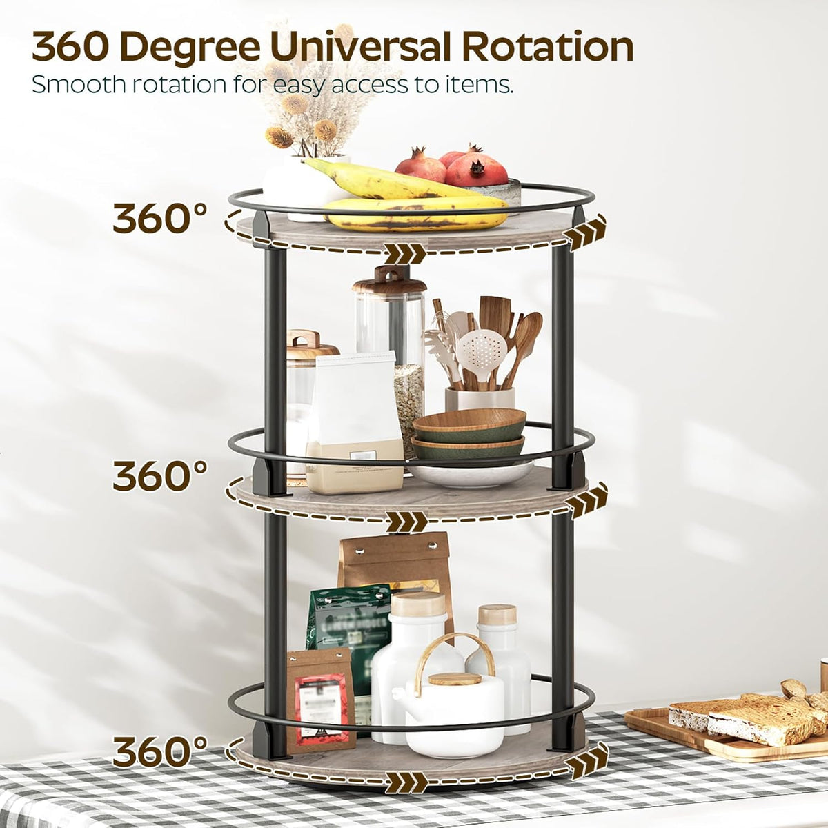 3-Tier Lazy Susan Organizer, Rotating Spice Rack, Spinning Organizer, Industrial Turntable Spice Rack Organizer for