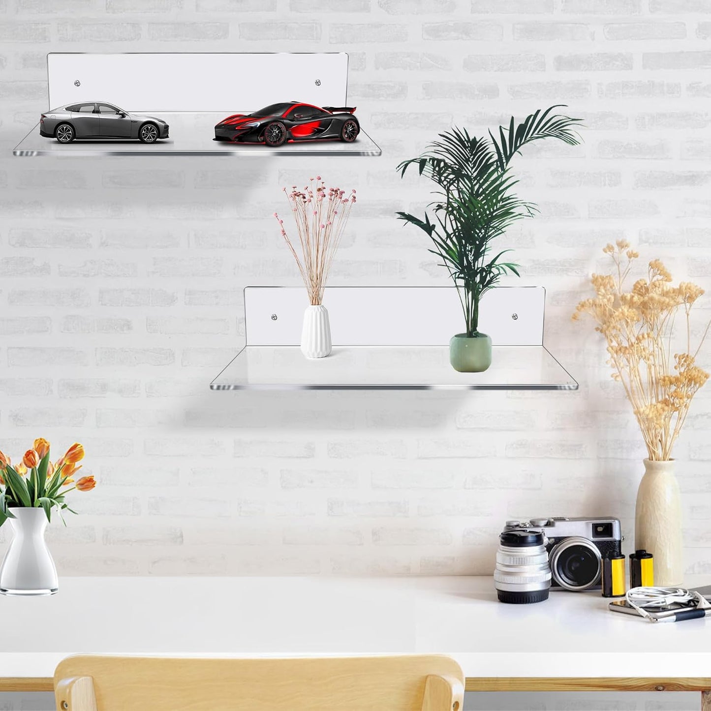 Jansburg 12 Inch L-Shaped Acrylic Floating Shelf Clear Wall Mounted Shelves Invisible 5MM Thick Shelf for Wall Storage